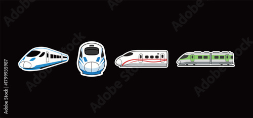 High-Speed Bullet Train Sticker Collection Vector: Modern Rail Transport Icons in Flat Design for Speed, Travel, and Technology