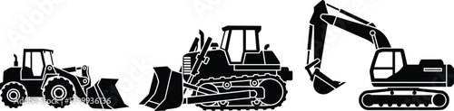 Construction machinery silhouettes featuring loader tractor, bulldozer, and excavator, heavy equipment illustration, industrial vehicles, earthmoving machines for engineering projects