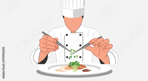 Artistic chef meticulously garnishes gourmet dish with microgreens using tweezers, showcasing culinary precision and fine dining artistry