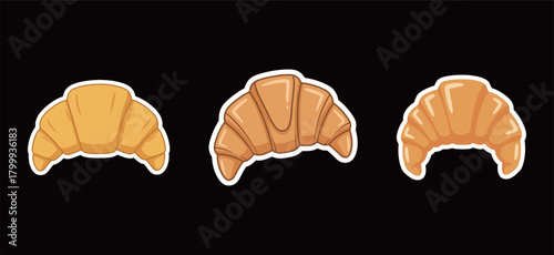 Classic Croissant Sticker Set Vector: French Pastry Icons in Various Styles in Flat Design for Bakery, Breakfast, and Food Themes