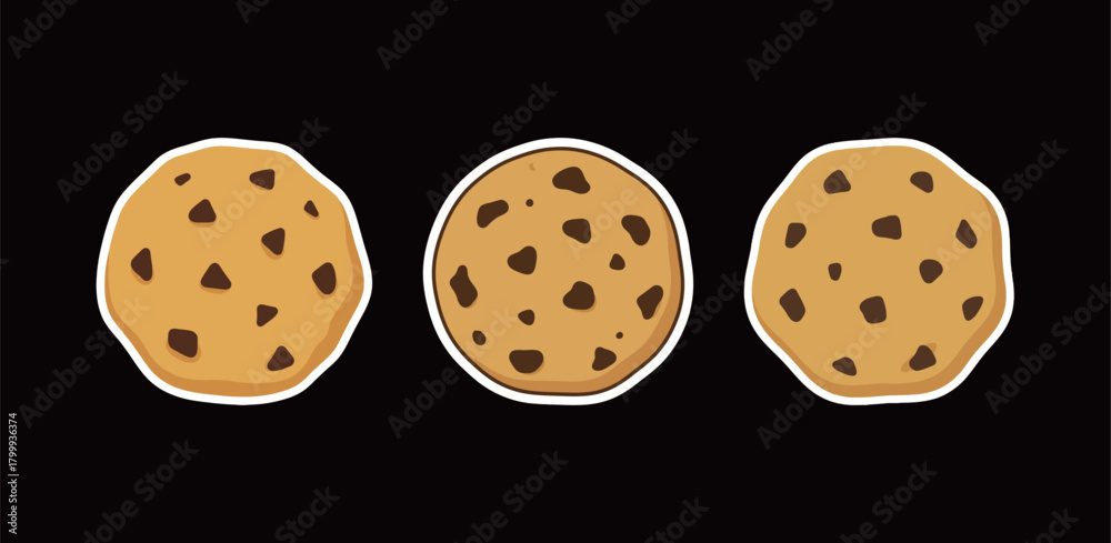 Fototapeta premium Set of Three Delicious Cartoon Chocolate Chip Cookie Stickers. Simple Flat Vector Illustration of Sweet Dessert Pastry for Food Design, Menu, Decoration, and Baking Concepts.