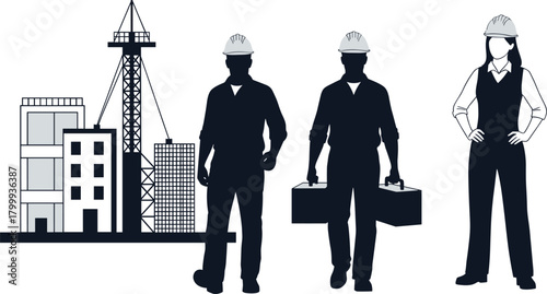 Construction site vector illustration with workers and engineer silhouettes, buildings and crane background, professional industry workforce graphic design elements