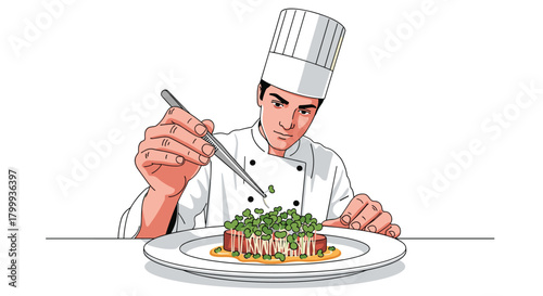 Master chef meticulously garnishes gourmet dish with fresh sprouts, showcasing culinary precision and artistry for refined dining experiences