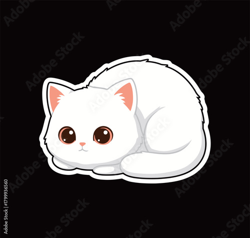 Cute Cartoon White Cat Sticker Curled Up. Simple Flat Vector Illustration of a Fluffy Kitten for Animal Lovers, Pet Design, Decoration, and Kids' Apparel.