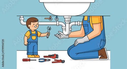 Joyful child apprentice assists plumber with sink pipes, learning essential skills in a bright, clean workspace