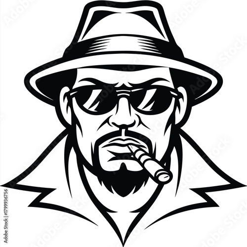 shows a stern man wearing hat and smoking cigar with sunglasses