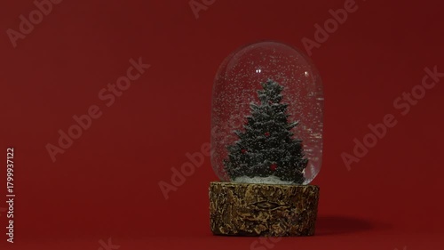 A glass snow globe featuring a miniature Christmas tree inside, with delicate white snowflakes gently falling around it. Festive holiday decoration set in a serene winter atmosphere. 4 k video