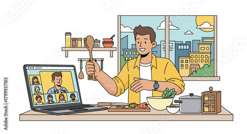 Engaging chef leads virtual cooking class from bright kitchen, connecting with diverse remote students on laptop screen