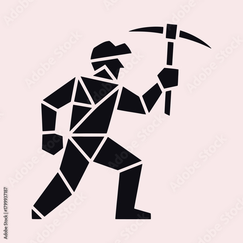 Black geometric miner silhouette holding pickaxe on pale pink background abstract