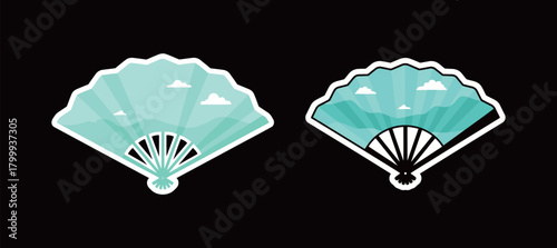 Set of Cartoon Folding Hand Fan Stickers with a Mountain and Clouds Landscape. Flat Vector Illustration of a Traditional Cultural Item for Decoration, Summer, and Oriental Concepts.