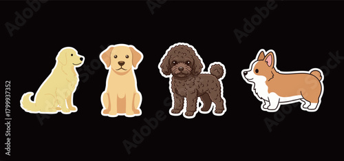 Set of Cartoon Dog Stickers: Golden Retriever, Poodle, and Corgi Breeds. Flat Vector Illustration of Popular Pet Animals for Veterinarian, Kids' Design, and Animal Lover Concepts.