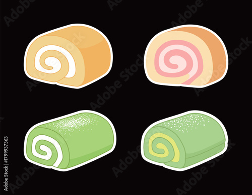 Set of Cartoon Swiss Roll Cake Slices in Yellow, Pink, and Green Colors. Flat Vector Illustration of Sweet Dessert for Bakery Menu, Food Decoration, and Snack Concepts.