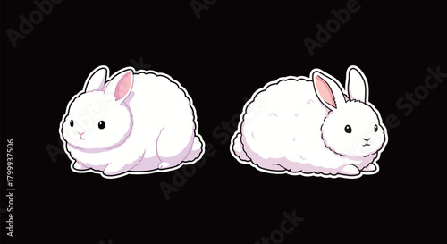 Set of Cute Cartoon Fluffy White Bunny Rabbit Stickers. Simple Flat Vector Illustration of an Adorable Animal for Easter, Kids' Design, and Spring Decoration.