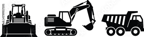 Construction vehicle silhouette set with bulldozer, excavator and dump truck, heavy machinery vector illustration for industrial building and earthmoving projects