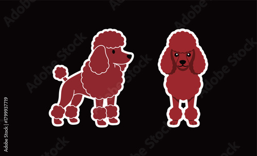 Set of Cartoon Red Poodle Dog Stickers. Flat Vector Illustration of a Pedigree Pet for Animal Lovers, Grooming, and Veterinary Concepts.