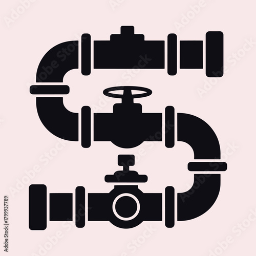 Black industrial pipe system with valves on light pink background plumbing