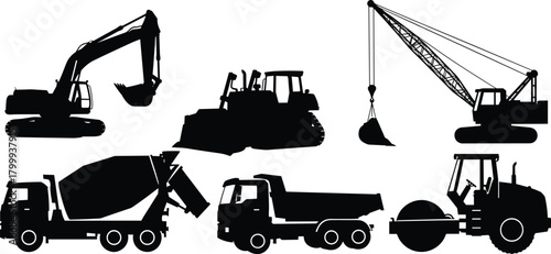 Construction vehicle silhouette set, heavy machinery equipment icons, excavator bulldozer crane truck roller illustration, industrial transportation vector graphics