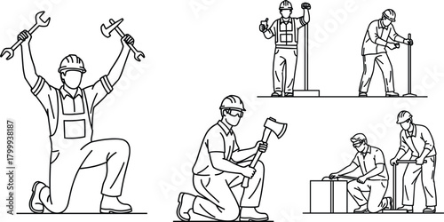 Construction worker line art illustration, labor tools, safety helmet actions, industrial work scenes, professional tradespeople outline drawing for manufacturing design