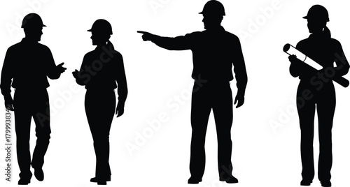 Construction worker silhouette team, engineers discussing plans, industry workforce communication, professional job site collaboration, safety helmet black vector illustration