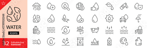 Water icons set. Includes symbols of drops, waves, bottles, rain, purification, and conservation. Editable stroke. Vector illustration. Outline icons. Perfect for nature, and environment. 
