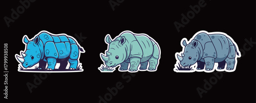 Collection of three rhinoceros stickers in different blue and green cartoon styles with a white outline, representing African safari wildlife, conservation, and animal resources.