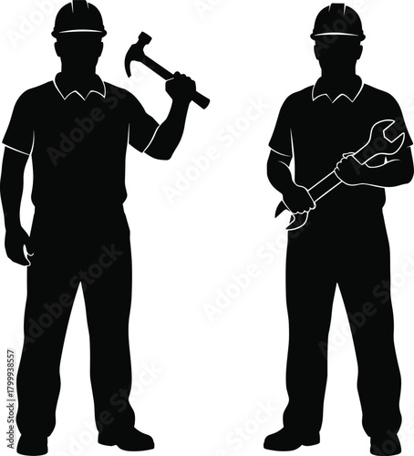 Construction worker tool silhouette set, workers holding hammer and wrench, industrial labor vector illustration for repair, maintenance and job site design