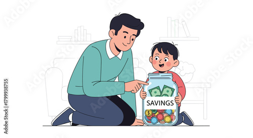 Father and son happily learn about saving money together, pointing at a full jar of cash and colorful coins in a cozy home setting