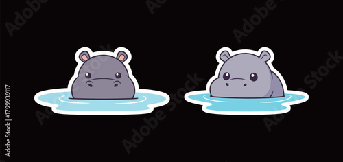 Sticker set featuring two cute cartoon hippos bathing in blue water with their heads showing and a white outline, representing African wildlife and funny animals.