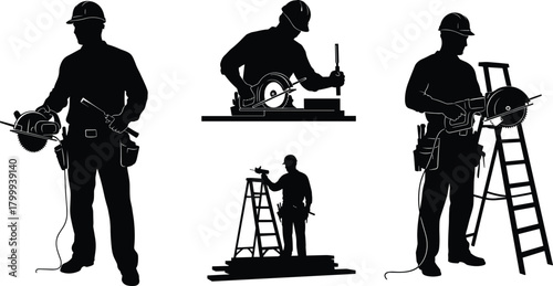Construction worker using circular saw silhouette set, industrial power tool illustration, job site ladder scenes, carpentry cutting equipment vector