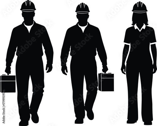Construction worker walking silhouette set, engineers carrying toolbox illustration, male and female workforce vector, industrial job site professional icons
