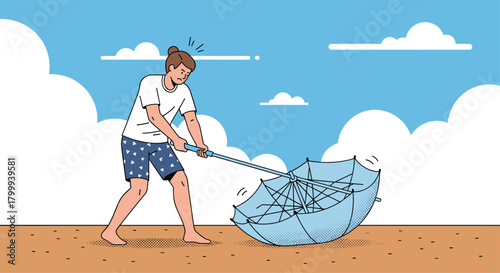 Frustrated person battles an inverted umbrella on a windy beach under a bright blue sky with fluffy clouds