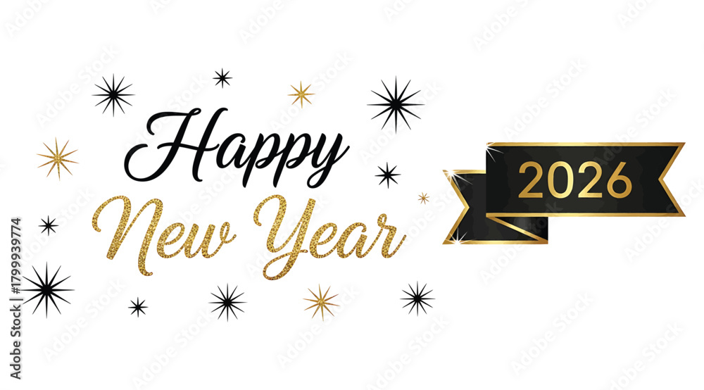 Obraz premium Happy new year 2026 text with sparkling stars and confetti, isolated on