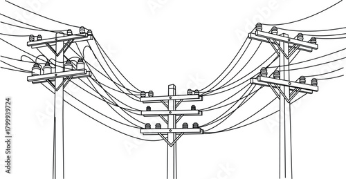 Detailed line-art illustration of multiple electric utility poles with power lines and insulators, electricity transmission infrastructure drawing for industrial design