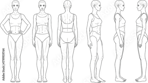 Fashion figure template set, female model croqui, front, back, side view, technical drawing, fashion sketch, vector, isolated collection.