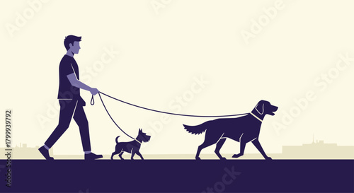 Active man confidently walks two dogs on leashes through a stylized cityscape creating a harmonious urban lifestyle