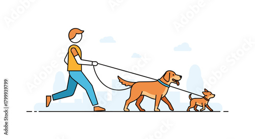 Energetic person joyfully walking two happy dogs on a sunny day in a modern urban park setting
