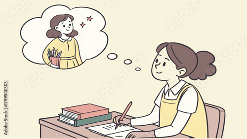 3D Teen Girl in Classroom Staring Into Space Imagining Her Successful Future Life Path