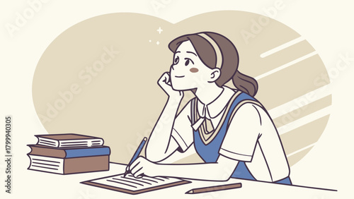 3D Teen Girl in Classroom Staring Into Space Imagining Her Successful Future Life Path