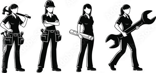 Female construction worker illustration set, women engineers and builders holding tools, professional tradeswoman line art vector for industry and job site design