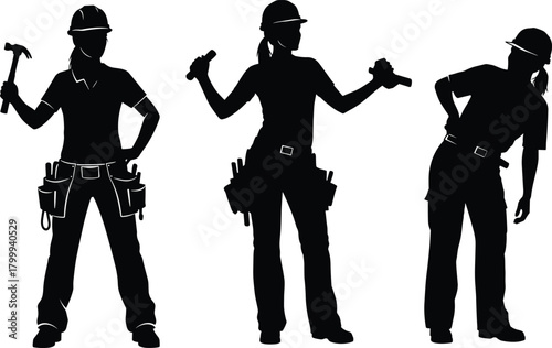 Female construction worker silhouette set, women holding tools, industrial labor illustration, professional tradeswoman vector art for job site design