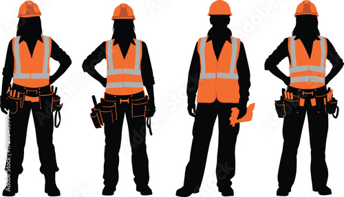 Female construction workers in safety vests and helmets, tool belts, professional labor silhouettes, industrial workforce, engineering team, workplace safety illustration