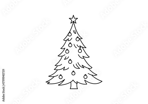 Icono lineal de árbol de navidad decorado con esferas y estrella, ilustración minimalista en blanco y negro