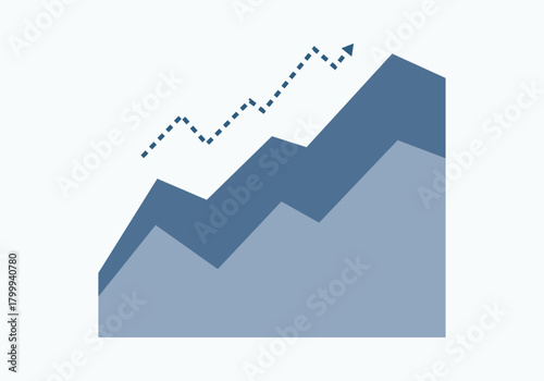Gráfico de área apilada con tendencia de crecimiento y flecha ascendente, concepto de progreso, datos y éxito financiero