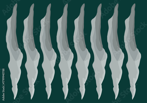 Patrón repetitivo abstracto de formas orgánicas o estalactitas verticales en tono gris sobre fondo verde oscuro en pincelada