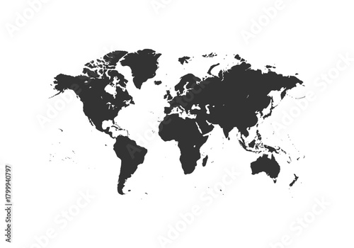 Silueta de mapa mundial en color oscuro sobre fondo blanco, concepto de geografía, negocios globales y viaje