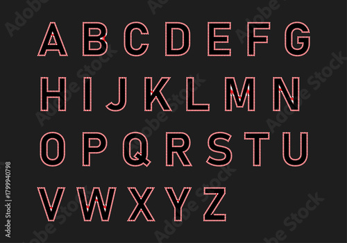 Alfabeto completo con letras mayúsculas y contorno rojo brillante sobre fondo oscuro, estilo bastón de caramelo de navidad