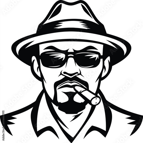 Stern man with sunglasses and fedora holds a cigar in black and white