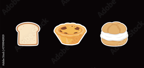 Assorted Bakery and Dessert Cartoon Sticker Set: Slice of Toast Bread, Egg Tart, and Cream Puff Vector Illustration Collection