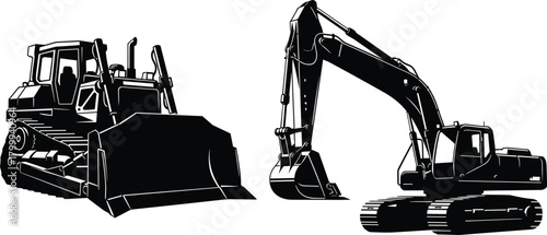 Heavy construction machinery illustration with bulldozer and excavator silhouettes, industrial equipment vector for building, engineering, excavation and earthmoving projects