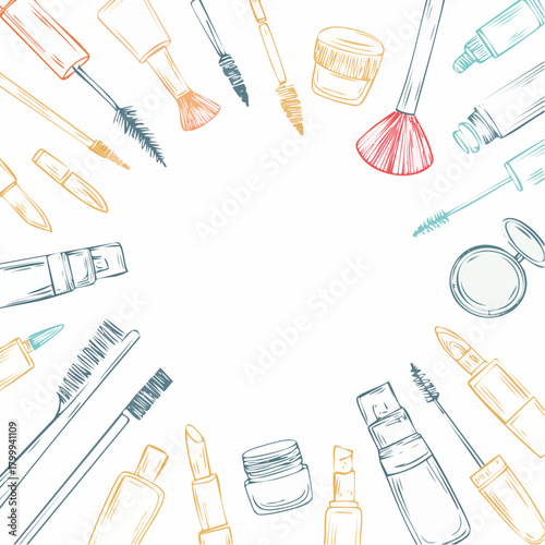 Hand drawn template with makeup beauty cosmetic elements, mascara, cream bottle, skin brush. Doodle sketch style.